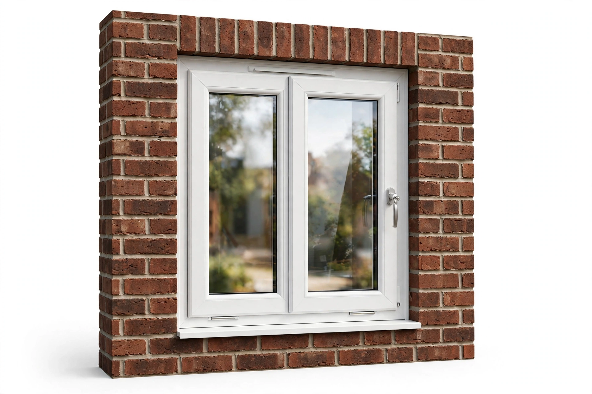 White uPVC casement window in brick home