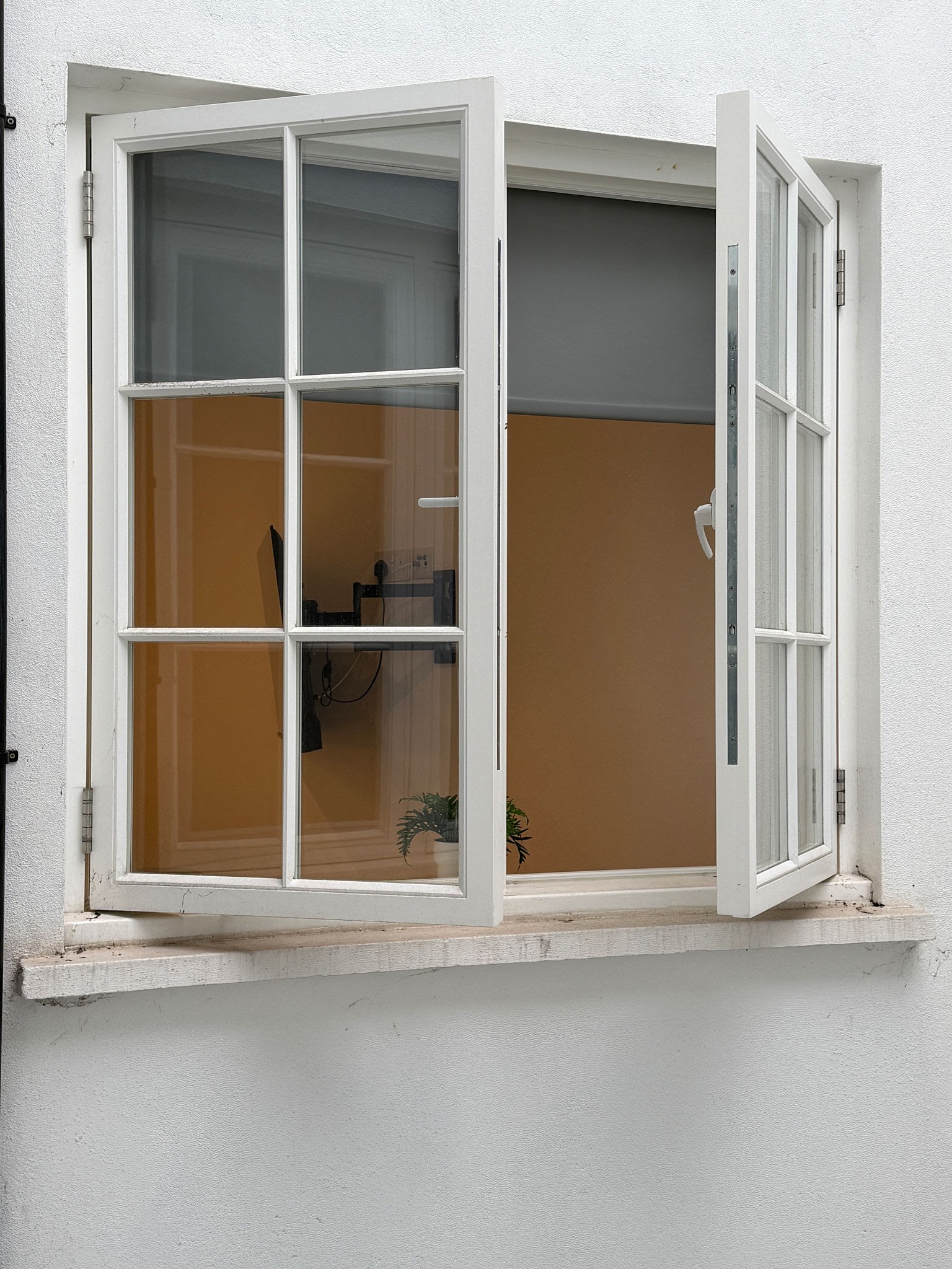 A casement window set in a white wall opens into a courtyard. Tiny fern enjoys the light. London UK 2026