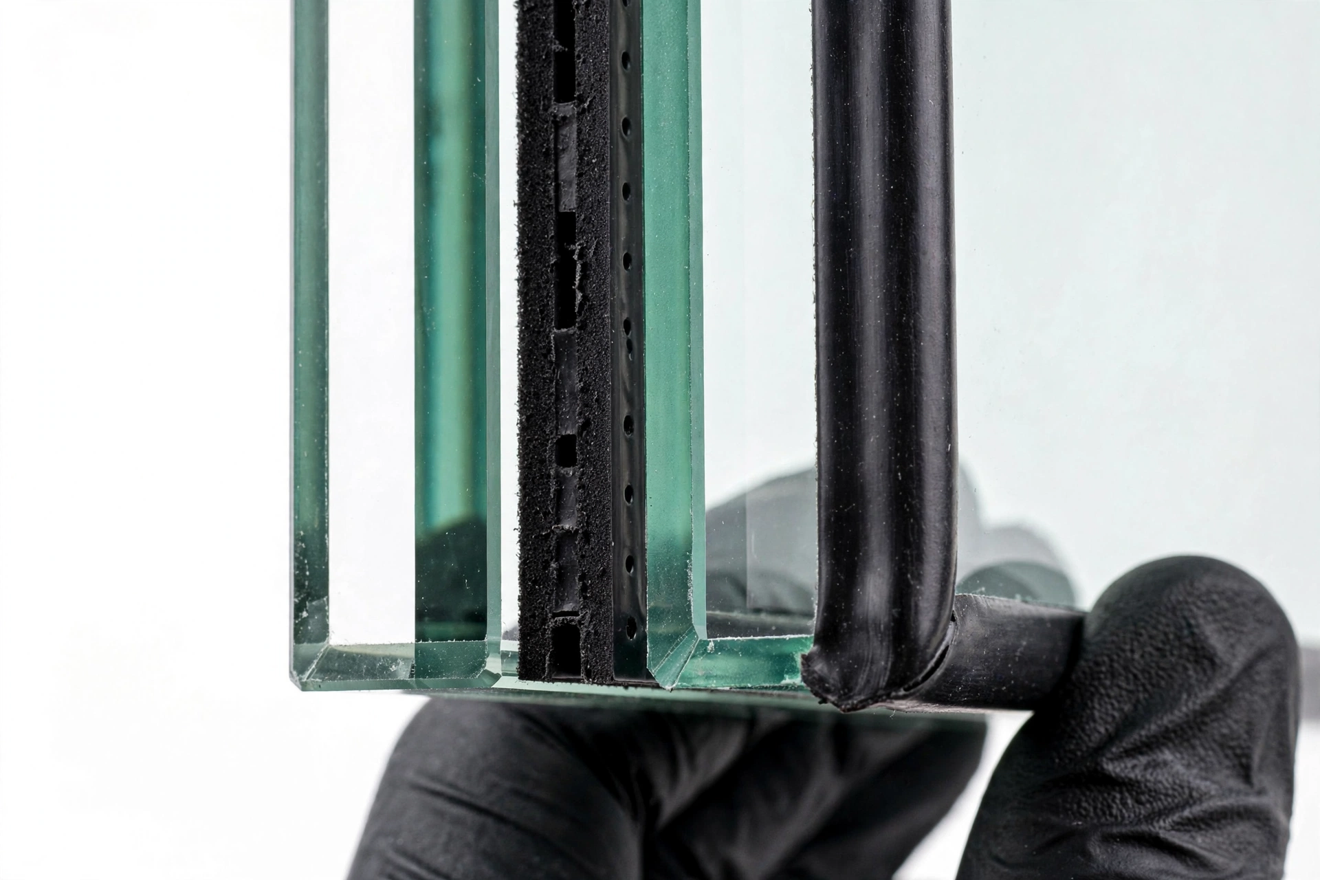 Close up of double glazed glass unit edge showing 2 panes 4mm glass argon gas gap and warm edge spacer bar - A+ rated double glazing London