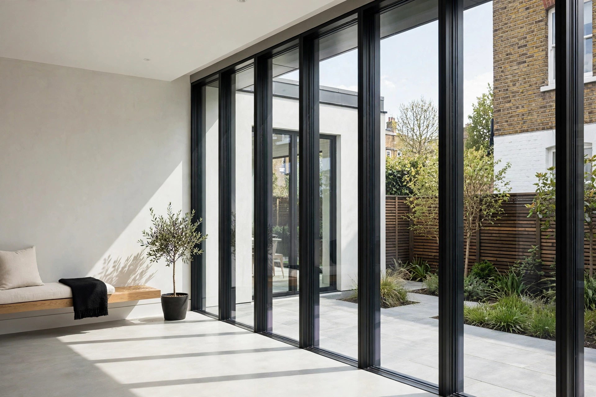 Slim black aluminium windows installation London - modern thermal break double glazing extension
