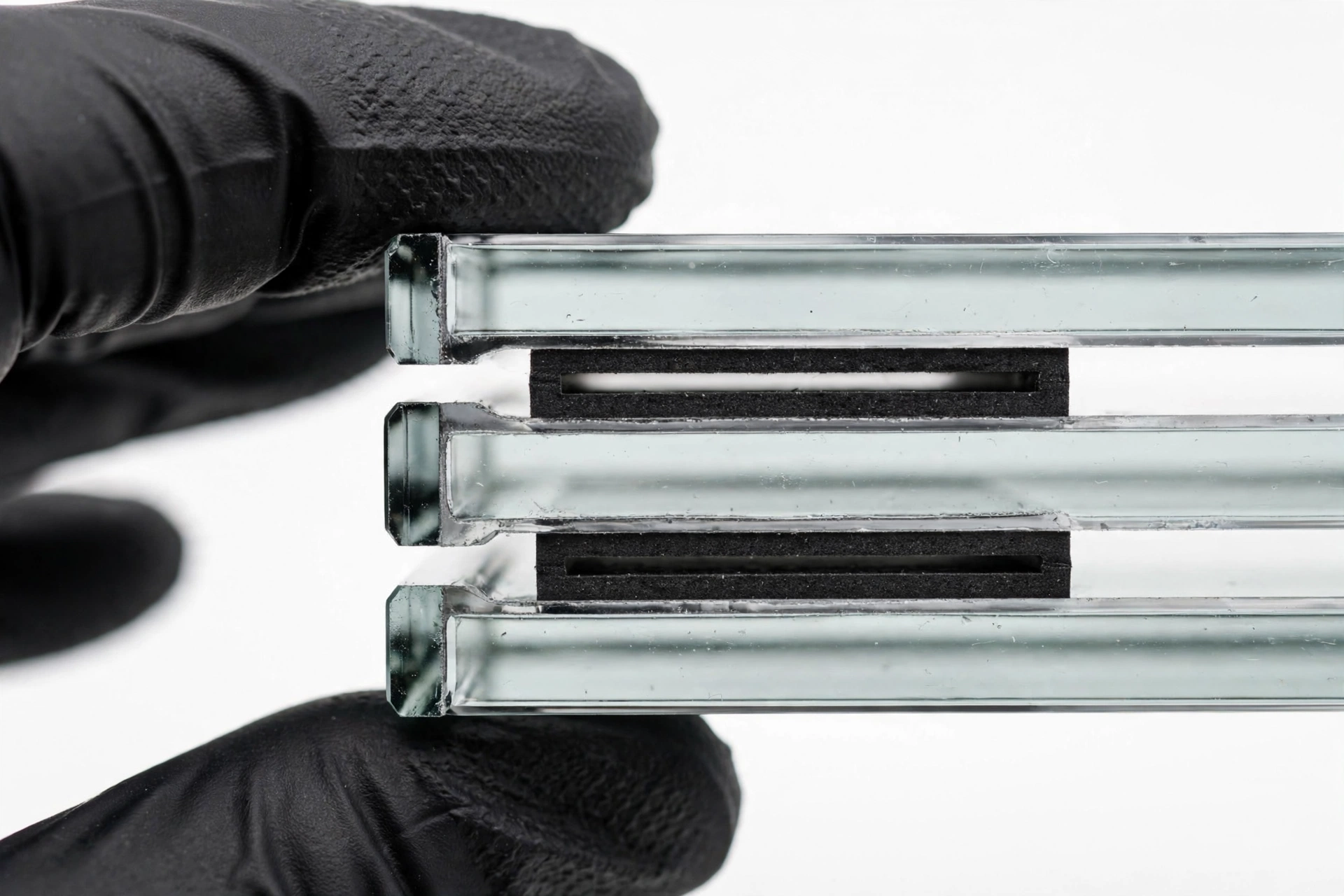 Close up of triple glazed glass unit edge showing 3 panes 4mm glass two argon gaps and warm edge spacers - A+++ rated triple glazing London