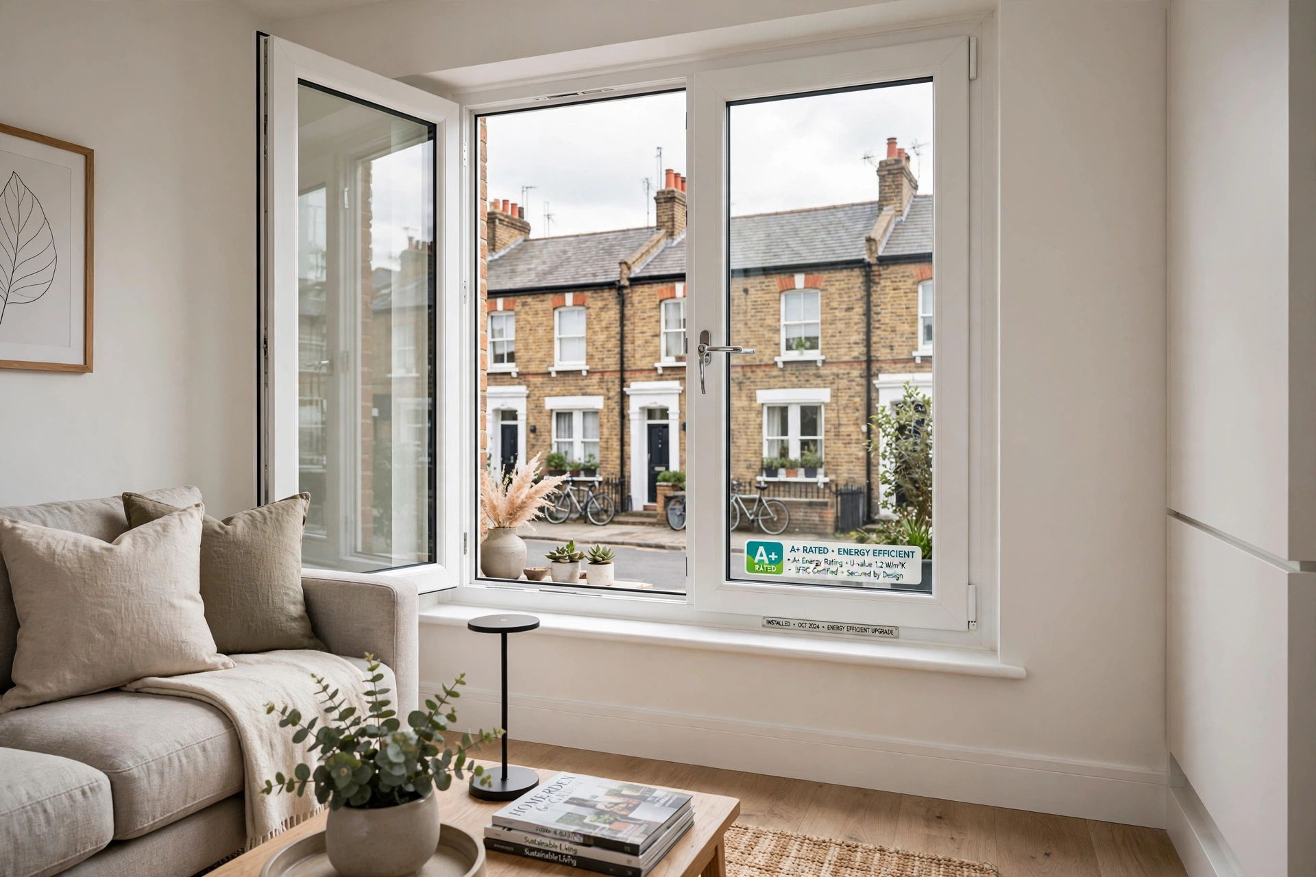 White A+ rated uPVC casement windows installation in London living room - energy efficient double glazing by Win-Doors INT LTD