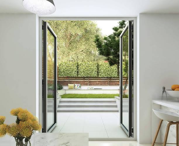 Aluminium Black Slim French Doors Open 180 Degrees to Garden