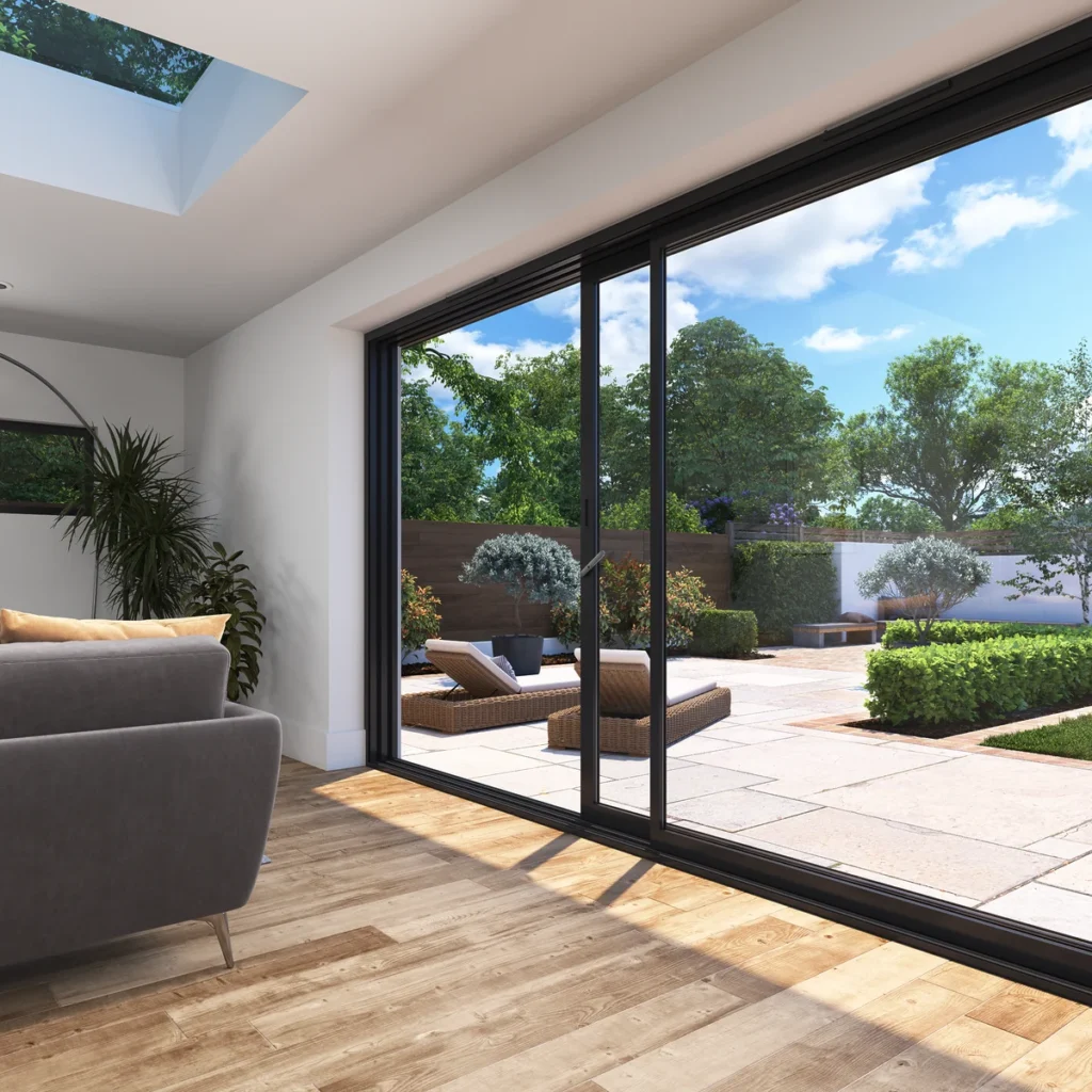 Patio sliding doors in home extension lounge to garden