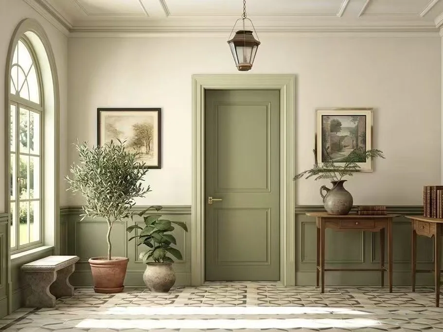 Composite front entrance door on modern red brick villa