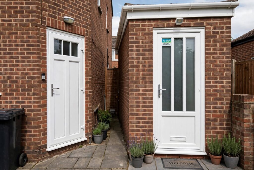 White uPVC side and back doors with obscure glazing on red brick UK home energy efficient