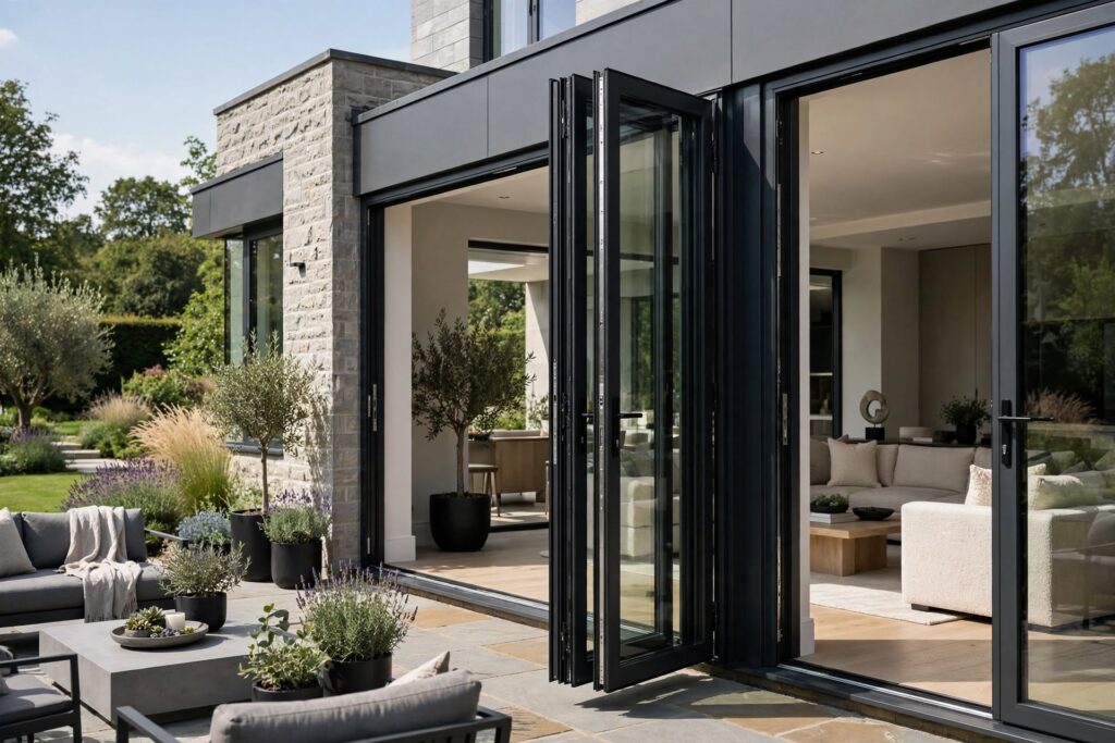 Premium black aluminium bi-fold patio doors fully open to modern garden patio and living room