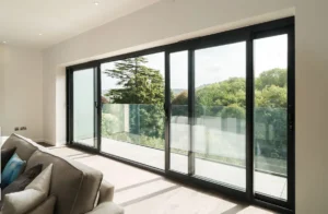 Black aluminium slim sliding patio doors track detail